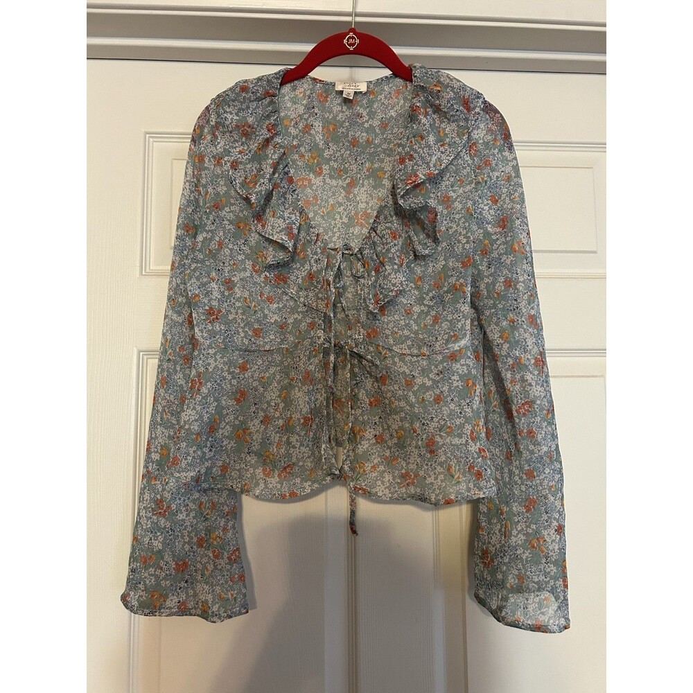 Dizzy Lizzy Boho Sheer Light Green Floral Bell Sleeve Tie Front Crop Top Medium
